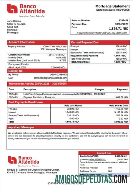 para download Modelo Word e PDF de extrato hipotecário do Nicarágua Banco Atlántida